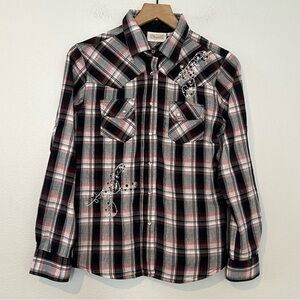 Vintage Y2K Shyanne Rhinestone Pearl Snap S Western Plaid Embroidered Red/Black